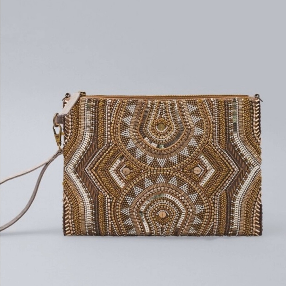 WHBM Gold and Silver Beaded Clutch Wristlet, Crossbody Gold Chain option, NWT.